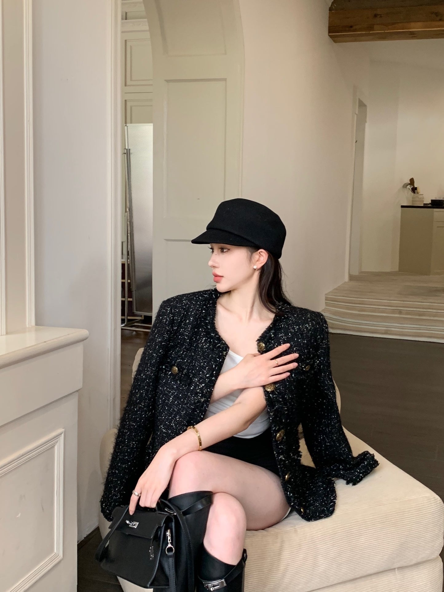 闪闪之星 - 小香风复古拉毛长袖外套 Vintage-Style Bouclé Long Sleeve Jacket