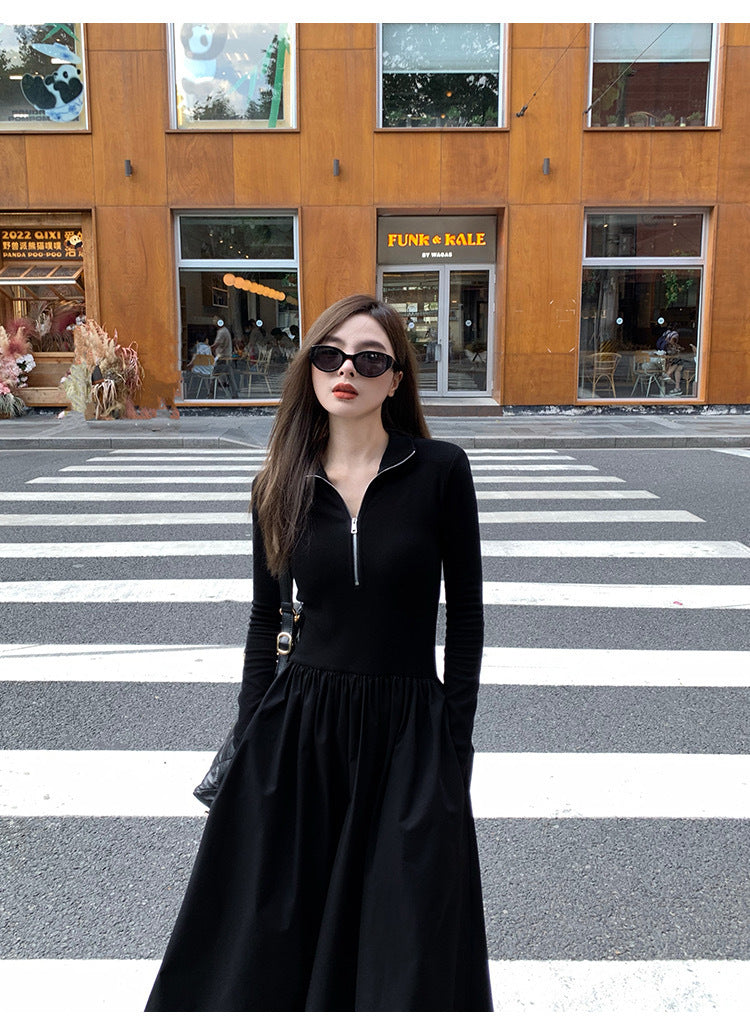 黑天魅力 -秋季收腰赫本风假两件连衣裙 Autumn Cinched Hepburn Style Two-Piece Dress
