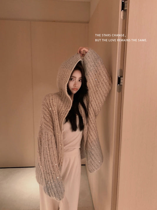 闪金典雅 - 进口多色珠片纱限量连帽开衫 Sparkling Gold Elegance - Limited Edition Imported Multicolored Hooded Cardigan