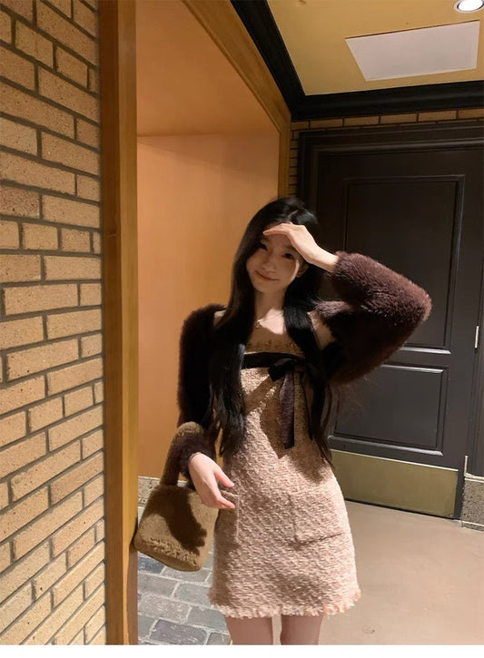 丝绒生巧 - 早秋小香抹胸蝴蝶结连衣裙/坎肩外套 Early Autumn Coco Chanel-style Strapless Bow Dress/Outerwear