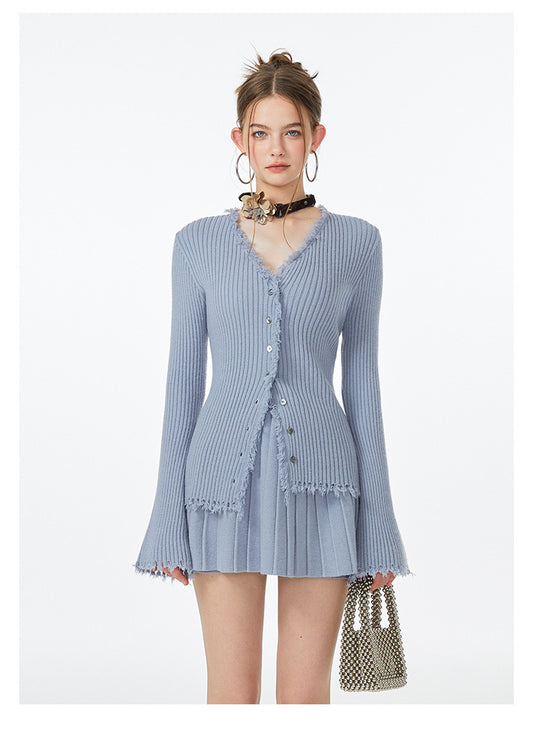 雪妍优雅 - 纯欲坑条流苏针织开衫/半裙 Snowy Grace - Pure Desire Textured Fringe Knit Cardigan/Skirt