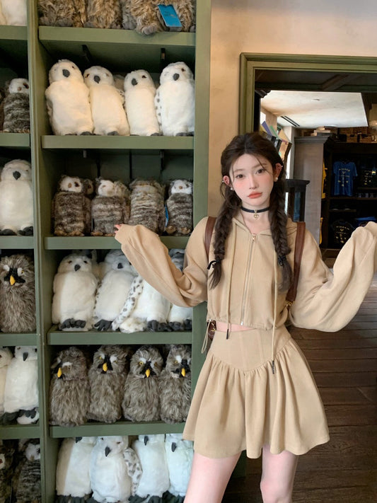 雪莓华夫饼 - 少女感驼色长袖卫衣外套/半裙 Girlish Camel Long Sleeve Hoodie Jacket/Skirt