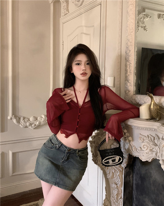 失落沙洲 - 原创性感蕾丝长袖网纱上衣 Original Sexy Lace Long Sleeve Mesh Top