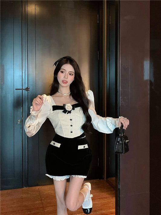 人间珍妮 - 秋季山茶花重工鱼骨收腰上衣/半裙 Autumn Camellia-Printed Waist Cinched Top/Skirt