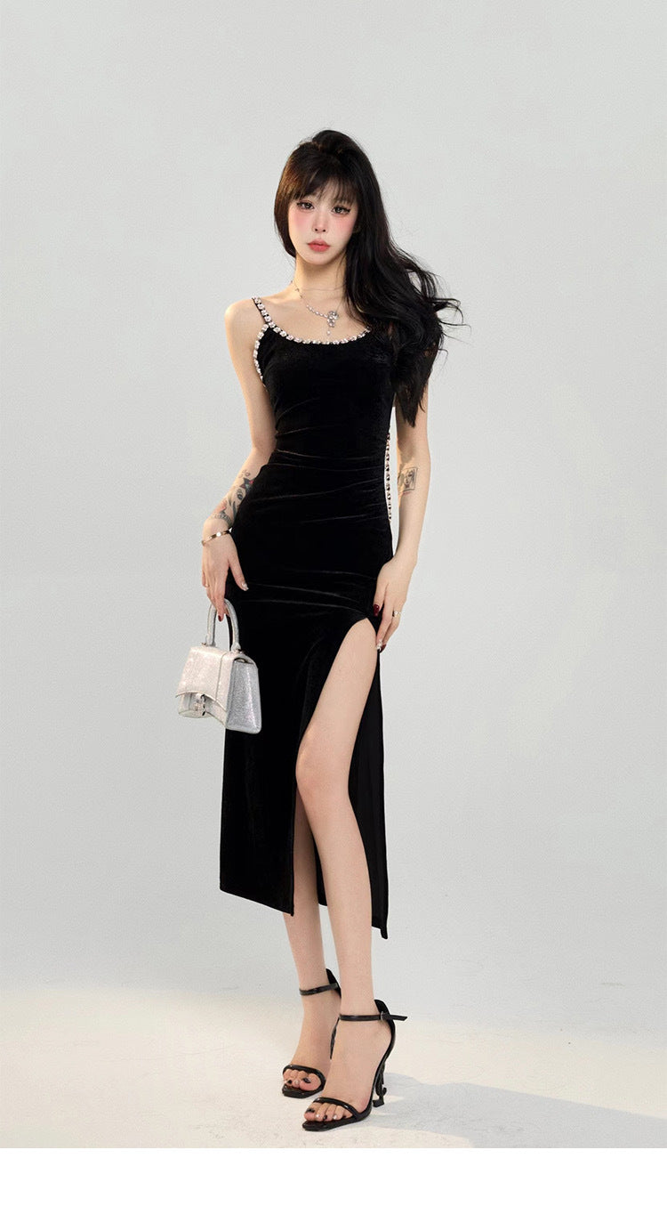 闪亮丝绒 - 宴会御姐闪钻开叉吊带连衣裙 Glamorous Rhinestone High-Slit Halter Neck Evening Gown