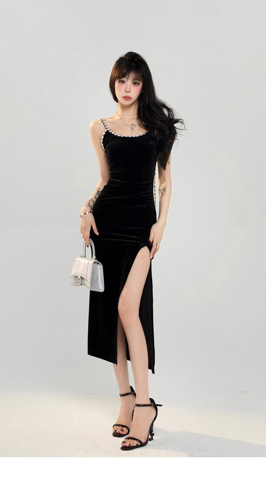 闪亮丝绒 - 宴会御姐闪钻开叉吊带连衣裙 Glamorous Rhinestone High-Slit Halter Neck Evening Gown
