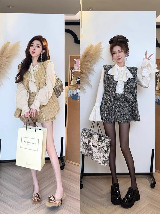 铂尔妮套装 - 名媛粗花编织马甲/衬衫/短裤 Elegance in Chunky Knit Vest/Blouse/Shorts