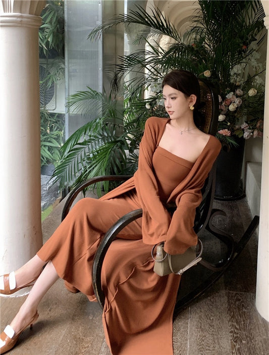 金秋港风 - 港风复古包臀开叉抹胸连衣裙/外套 Vintage Bodycon Slit Strapless Dress/Outerwear