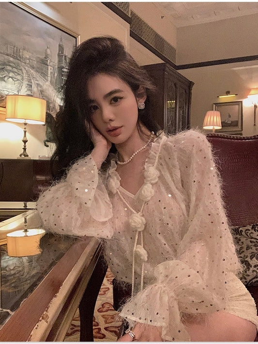 银花仙境 - 秋季法式V领闪亮长袖衬衫 Autumn French V-neck Sparkling Long Sleeve Blouse
