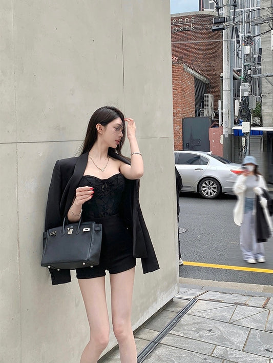 D家暗纹 - 重工鱼骨植绒网纱抹胸上衣/外套 Heavy-Duty Herringbone Velveteen Mesh Bandeau Top/Jacket
