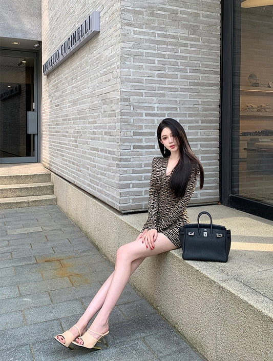 定制印花 - 老钱风微弹V领长袖连衣裙 Vintage Money-Style Long Sleeve Dress