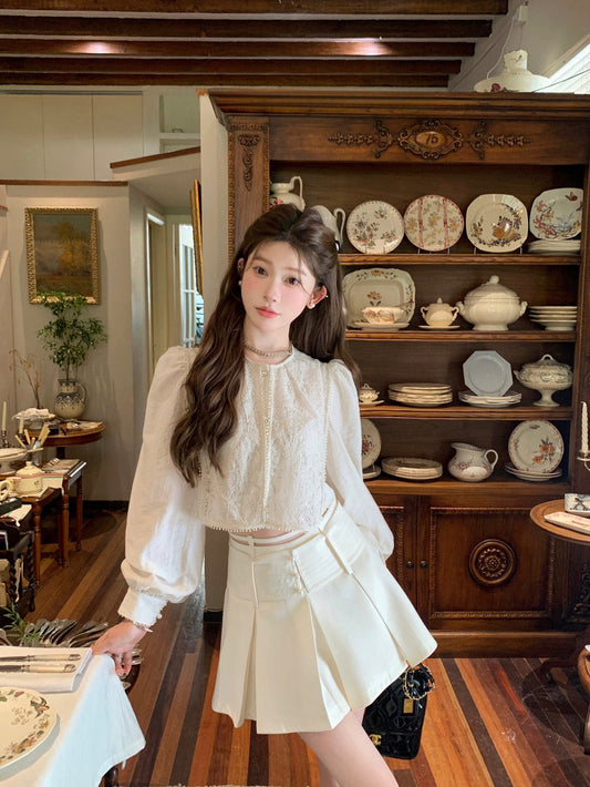雾湖天鹅 - 流苏蕾丝中宫廷系带衬衫/百褶半裙 Tassel Lace Regal Bow-Tie Blouse/Pleated Half Skirt