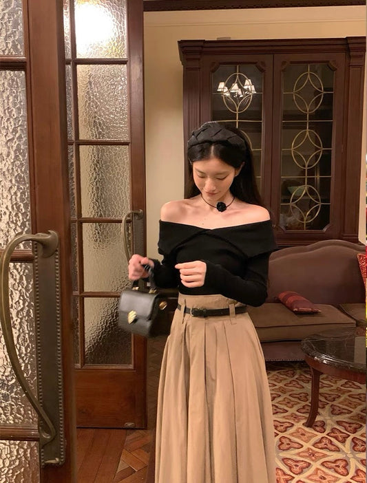 天真小千金 - 贵气简约一字领长袖上衣/半身裙 Elegant Simplicity One-Shoulder Long Sleeve Top/Skirt