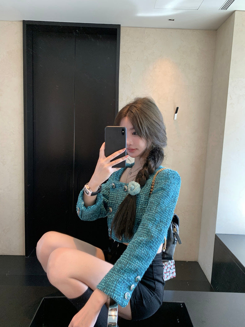 伊兹密尔蓝 - 小香风方领粗花呢长袖上衣 Chanel-Inspired Square Neck Long Sleeve Top