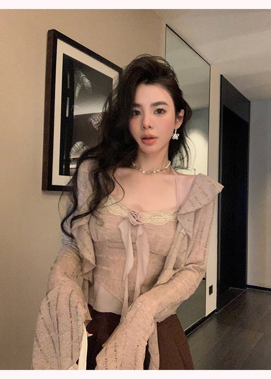 雪白佳人 - 荷叶边蕾丝玫瑰吊带上衣/开衫/半裙 Ruffled Lace Rose Cami Top/Cardigan/Half Skirt