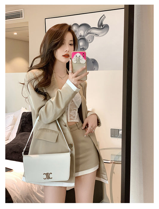 南韩女明星 - OL风缎面拼接长袖外套/半裙 OL Style Satin Spliced Long-Sleeve Jacket/Skirt