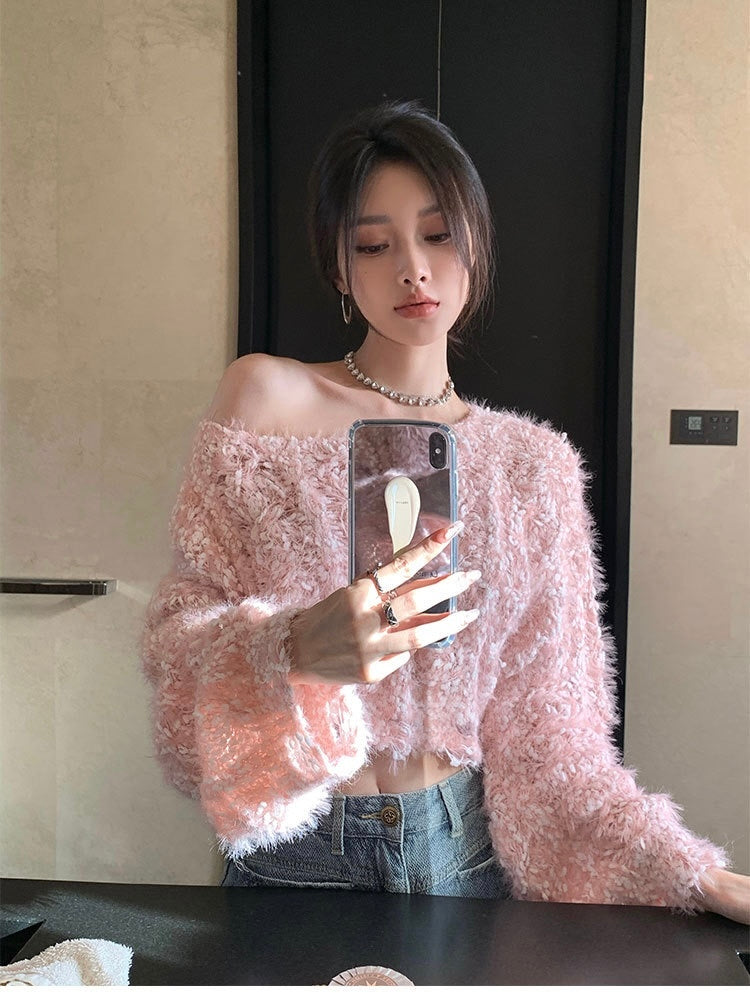 粉霞映雪 - 软糯糯露肩宽松毛衣外套 Cozy Off-Shoulder Loose Knit Sweater Coat
