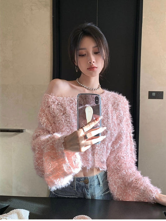 粉霞映雪 - 软糯糯露肩宽松毛衣外套 Cozy Off-Shoulder Loose Knit Sweater Coat
