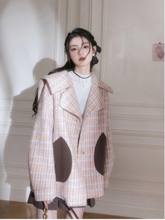 华夫夹心饼 - 复古风大翻领格纹长袖外套 Vintage Style Collar Plaid Long Sleeve Jacket