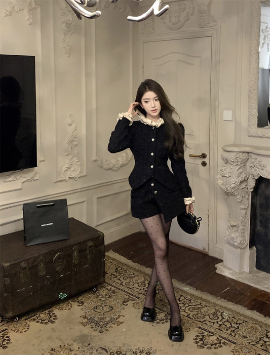 云髻魅影 - 小香半高领撞色花边外套/短裤 Contrast Lace Trim Chanel-Style Jacket/Shorts