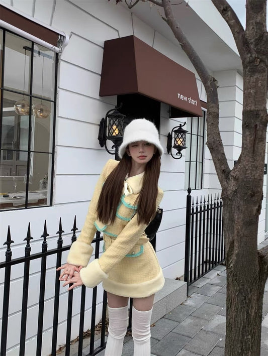 雪松奶酪 - 法式千金小香风毛领长袖外套/半裙 French Chic Faux Fur Collar Long Sleeve Jacket/Skirt