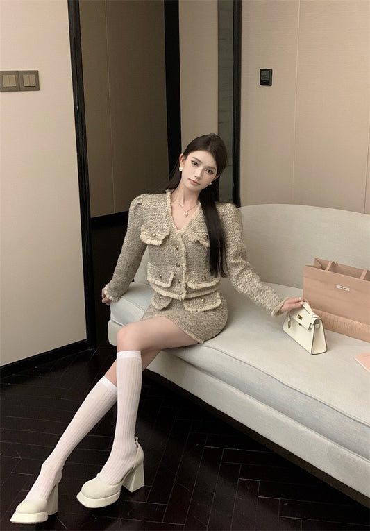 丝雨繁星 - 流苏法式小香风长袖外套/半裙 Tasseled French Chic Long Sleeve Jacket/Skirt