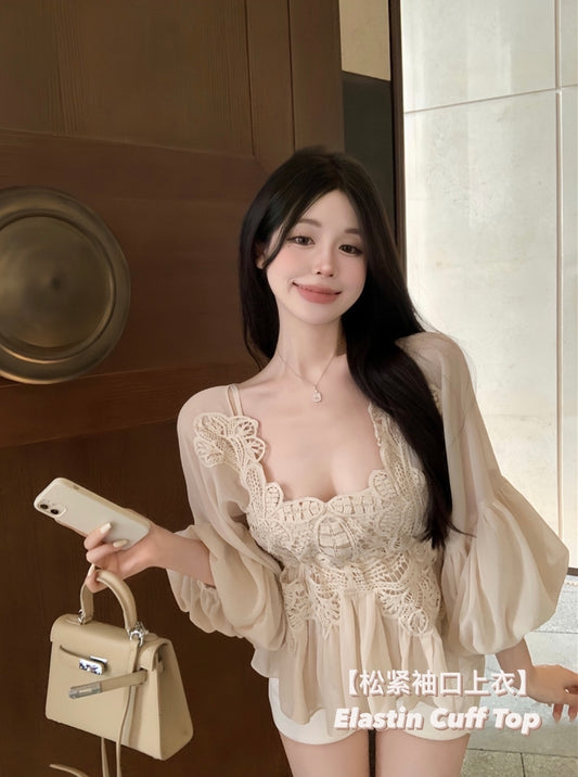 雅裳倾城- 夏季重工拼接蕾丝雪纺上衣 Summer Heavy Embroidery Lace Patchwork Top