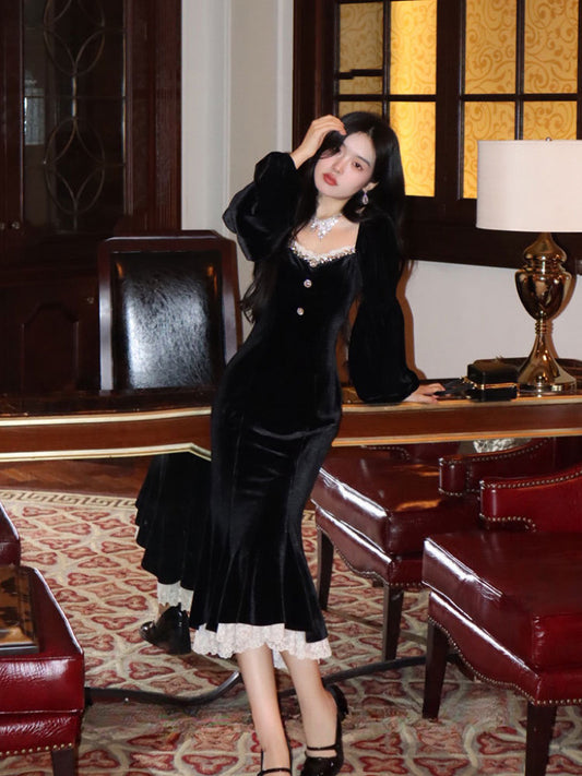 勒斯酒庄 - 复古温婉丝绒显瘦鱼尾连衣裙 Vintage Graceful Velvet Slimming Mermaid Dress