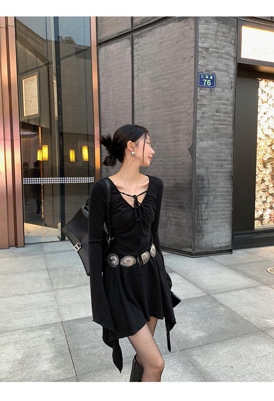 凌乱美感 - 不规则绑带长袖连衣裙 Asymmetrical Tie-up Long Sleeve Dress