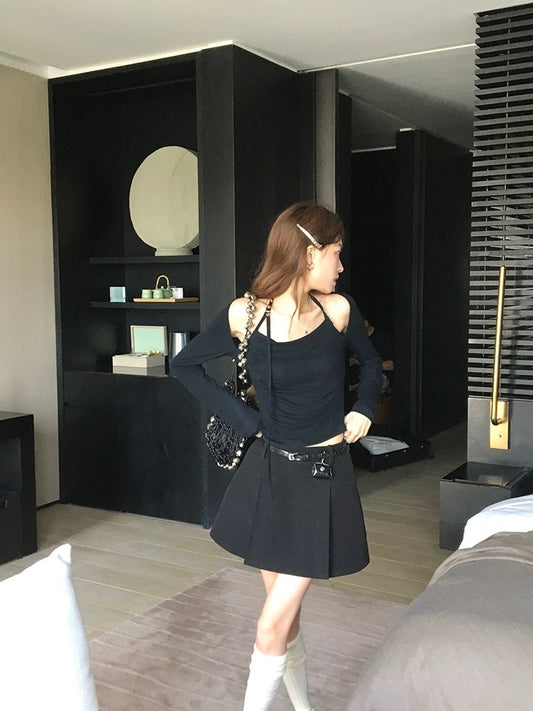 女明星私服 - 修身挖肩假两件U领上衣/外套 Slim-Fit Cut-Out Shoulder Faux Two-Piece U-Neck Top/Coat
