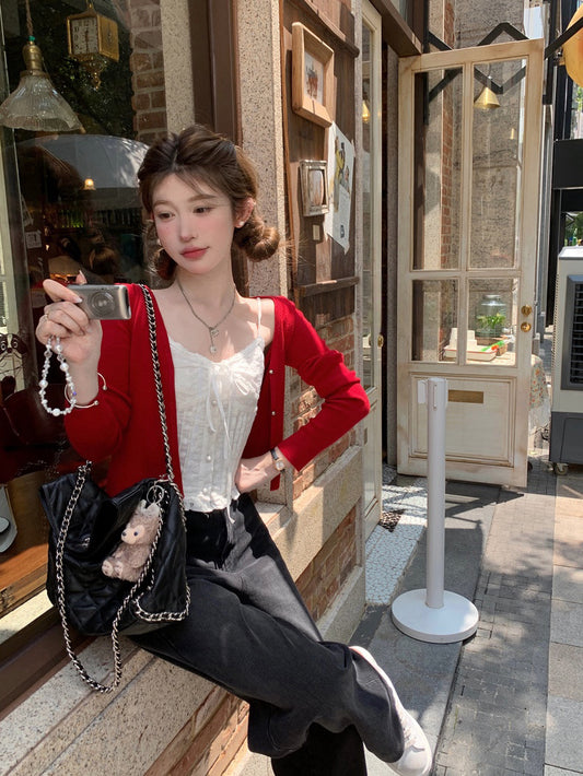 酸甜红樱桃 - 精致小金扣薄款长袖开衫/内搭 Delicate Small Gold Button Thin Long Sleeve Cardigan/Inner
