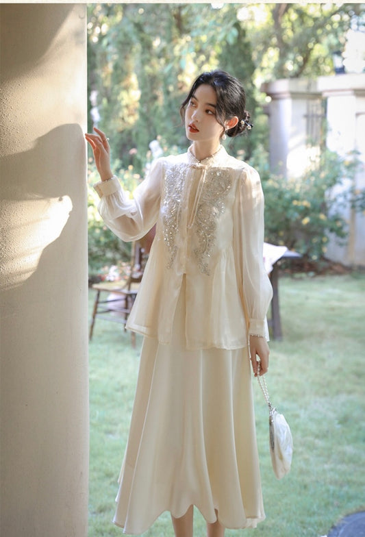 古韵今风 - 新中式仙气闪钻长袖上衣/半裙 Ethereal Elegance Sparkling Diamond Long-Sleeve Top/Skirt