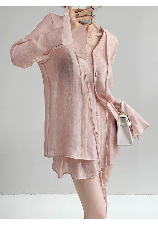 中华风雅 - 新中式时尚天丝喇叭袖衬衫/半裙 New Chinese-style Stylish Satin Trumpet Sleeve Blouse/Skirt