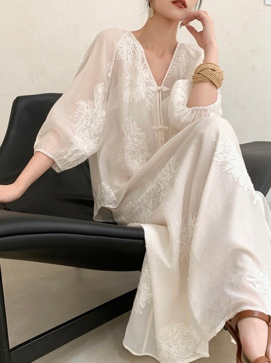 雪绒花开 - 新中式米白印花两件套上衣/半裙 Modern Chinese Off-White Printed Two-Piece Set Top/Skirt