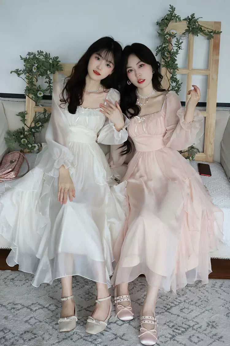 雾漫霜白 - 仙气高腰长袖收腰连衣裙 Ethereal High-Waisted Long Sleeve Waist-Cinching Dress