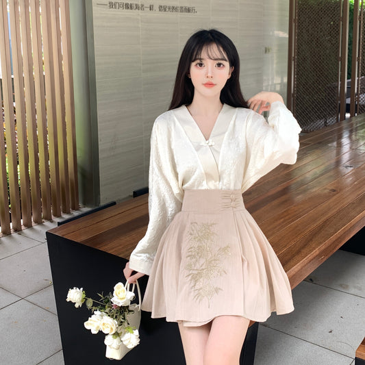 云裳雅集 - 新中式复古V领长袖衬衫/半裙 New Chinese-style Retro V-neck Long Sleeve Shirt/Skirt