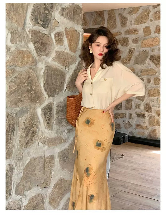 金色年华 - 法式复古V领短袖衬衫/半裙 French Vintage V-Neck Short Sleeve Shirt/Skirt