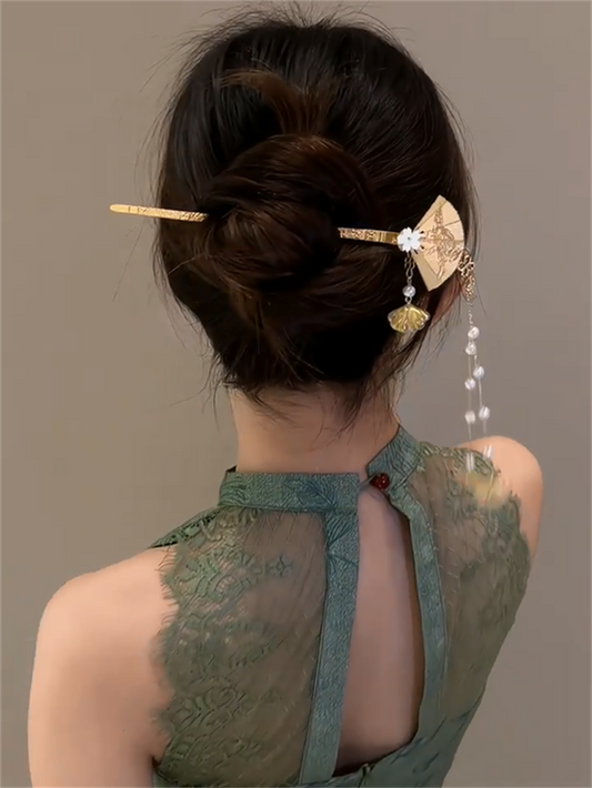 步摇扇子 - 新中式流苏珍珠盘发发簪 Modern Chinese Tassel Pearl Hairpin