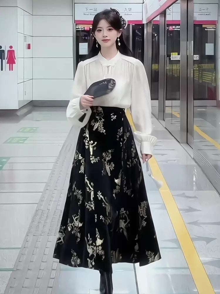 黑金流影 - 新中式国风长袖衬衫/马面裙 Modern Chinese Style Long-Sleeve Shirt/Skirt