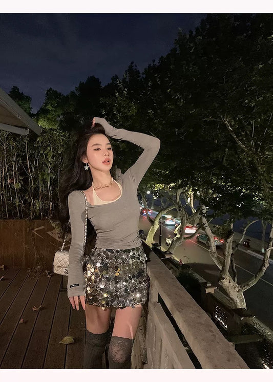 夜色倾城 修身显瘦假两件衬衫/包臀半裙 Slimming Faux Two-Piece Shirt/Skirt