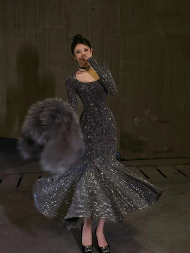 发光人鱼 气质显瘦长袖连衣裙 Slimming Long Sleeve Dress