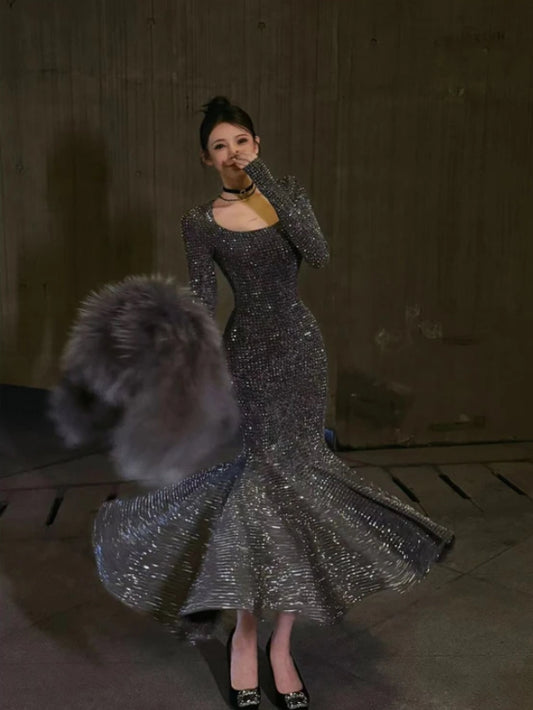 发光人鱼 气质显瘦长袖连衣裙 Slimming Long Sleeve Dress