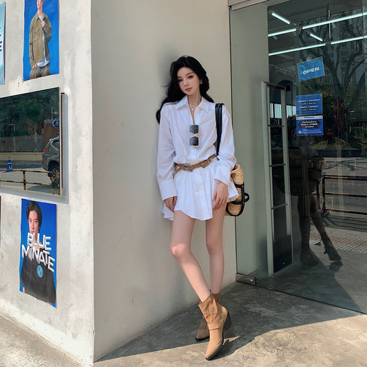 不失调性 自带比例长袖衬衫裙 Elegant Long-Sleeve Shirt Dress