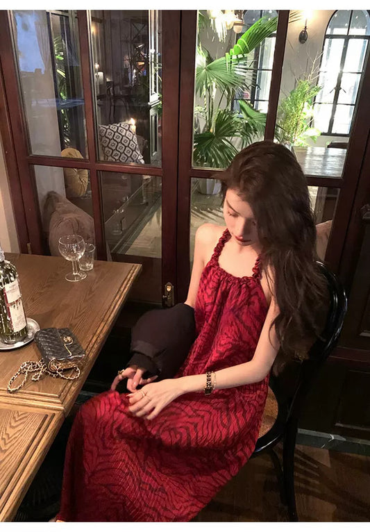 光洒红山茶 复古绑带露背开叉连衣裙 Vintage Lace-Up Backless Slit Dress