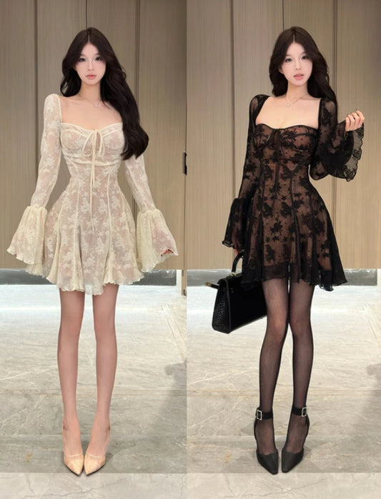 夜卉风姿 法式芭蕾封蕾丝方领连衣裙 French Ballet Lace Square Neck Dress