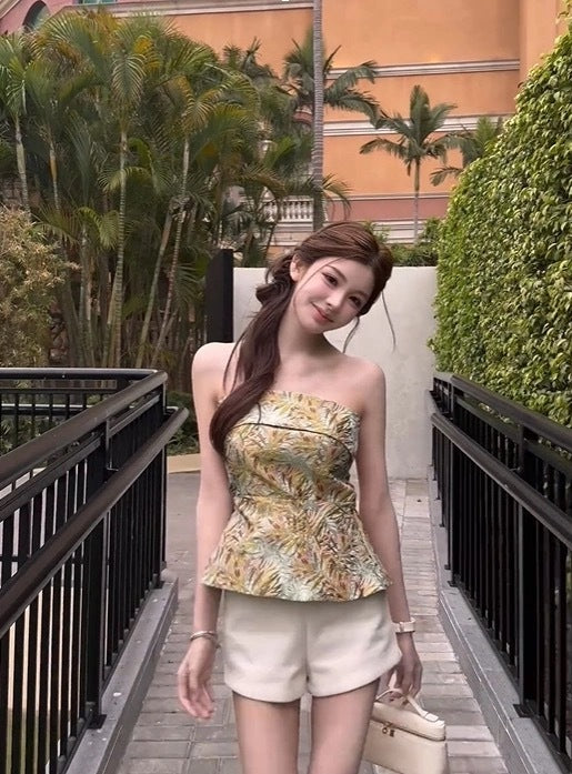 优雅度假 法式提花无袖抹胸上衣 French Jacquard Sleeveless Strapless Top