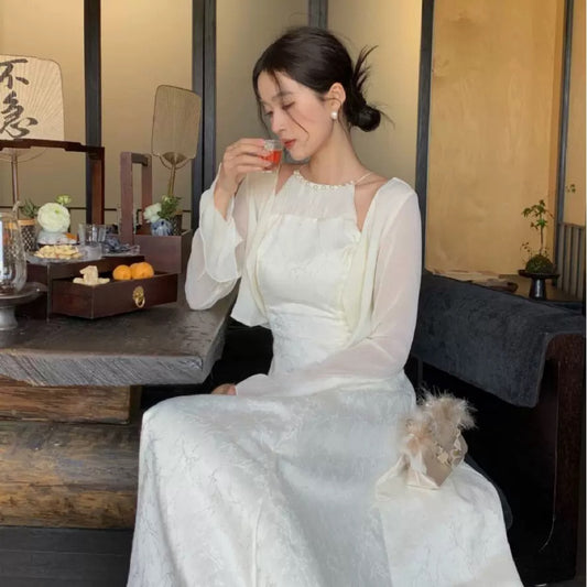 雅致轻纱 珍珠挂脖国风提花连衣裙/披肩 Pearl Halter Chinese Jacquard Dress/Shawl