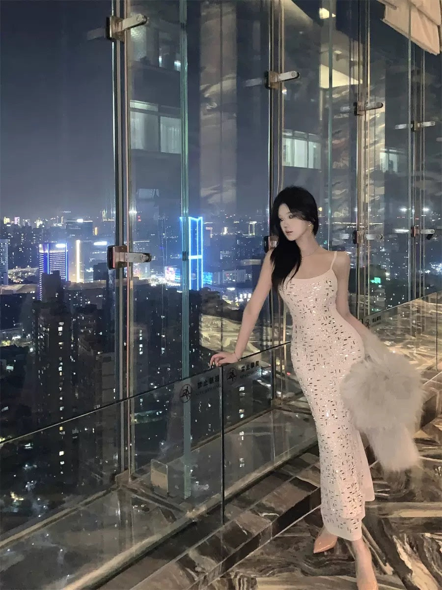 闪耀夜宴 名媛风重工闪钻吊带连衣裙 Socialite Style Heavy Beaded Sequin Camisole Dress
