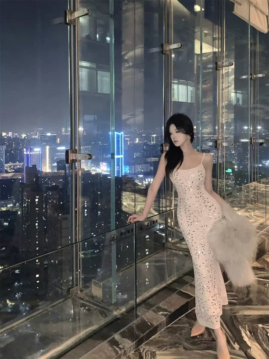 闪耀夜宴 名媛风重工闪钻吊带连衣裙 Socialite Style Heavy Beaded Sequin Camisole Dress