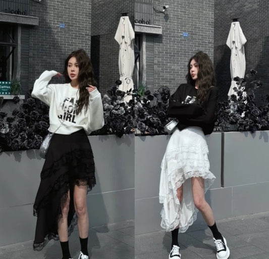 雪绽纱梦 时尚设计感松紧蕾丝花边半裙/卫衣 Chic Designed Elastic Lace-Trimmed Skirt/Hoodie